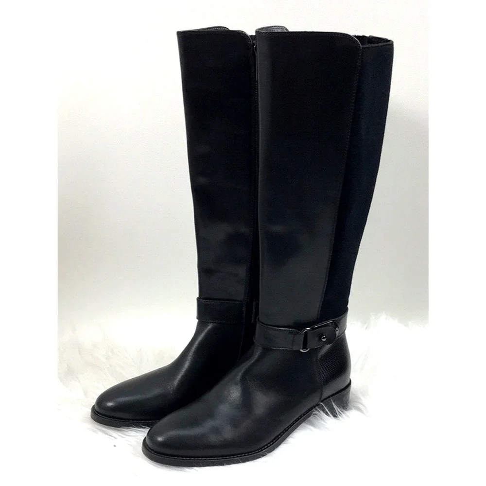 AQUATALIA Olalla Black Leather Knee High Boot Round Toe Riding Block Heel 8